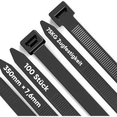 Obrázek produktu pro Černé stahovací pásky, 100 kusů, délka 350 mm, šířka 7,6 mm, pevnost v tahu 75 kg, odolné vůči UV záření