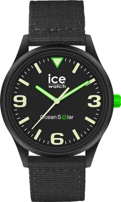 A close-up studio shot of a black Ice-Watch with a black fabric strap.