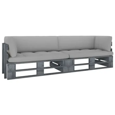Imagen del producto de Sofá de palets para dos personas, con cojines, color gris. Fabricado con madera de pino tratada