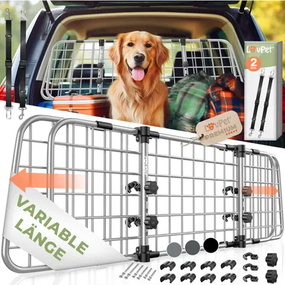 Produktbild von LovPet® Hundegitter Auto, Autoschutzgitter Trenngitter Universal, verstellbare Breite, Kopfstütze Kofferraum Autogitter Maße HxB 30 x 92-152 cm Kofferraumgitter,+ 2x Sicherheitsgurt für Hunde