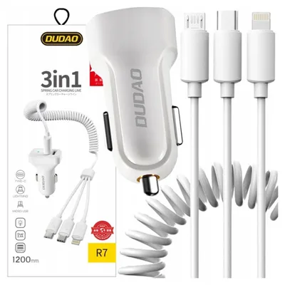 Immagine prodotto di Dudao Caricabatterie da auto Set 2X Usb 2.4A + Cavo Usb 3W1 Lightning / Tipo C / Micro Usb Bianco (R7 Bianco)