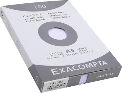Produktbild von Exacompta 13208E Packung mit 100 Karteikarten, DIN A5, kariert, ideal für Notizen, Weiß, 1 Pack