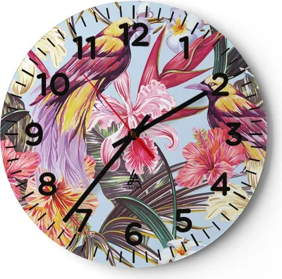 Produktbild von Wanduhr - Rund - Glasuhr - Blume Vogel Sommer - 40x40cm - Schleichendes Uhrwerk - Lautlos - zum Aufhängen bereit - Dekoration Modern - Wanddekoration aus Glas - C4AR40x40-3485