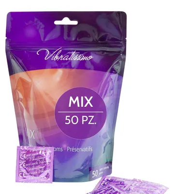 Immagine prodotto di VIBRATISSIMO Confezione da 50 preservativi | Feel-Real & Extra Lubricated | per Uomini | Borsa Sottile Spessore Parete & Aromatizzato | Ultra-Sottile Nubbed