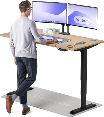 Image de Desktronic HomePro Bureau électrique réglable en hauteur 160x80cm bambou/noiravec fonction mémoire, technologie anti-collision, ports de charge USB-A et USB-C