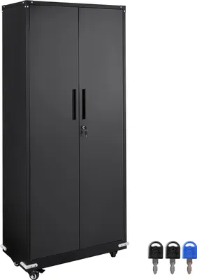 Immagine prodotto di SucceBuy armadietto in metallo con ruote. armadio da 75 posti con serratura. 4 ripiani regolabili e 2 ante magnetiche. capacità di 200 libbre/scaffale. 3 chiavi. Per ufficio, garage, casa. Colore nero.