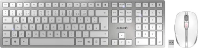 Produktbild von Cherry DW 9100 Slim Tastatur-Maus-Set, weiß-silber, Metallplatte, kabellos (Bluetooth, 2.4GHz), wiederaufladbar USB-C, AES-128 Verschlüsselung. Tastatur: 440x130x15mm, 111 Tasten, QWERTZ (DE), Scherenmechanismus, Nummernblock. Maus: 99x62.5x33.5mm, 2400 dpi umschaltbar, 6 Tasten, Scrollrad. Win/Mac/Linux kompatibel.