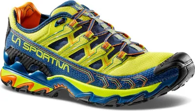 Trailrunning-Schuh "Ultra Raptor II" von La Sportiva in leuchtendem Gelb und Blau; mit rutschfester Sohle.