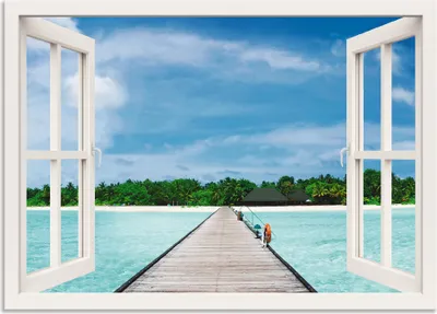 Produktbild von ARTland Wandbild Alu für Innen & Outdoor Fensterblick maledivischen Paradies Größe: 70x50 cm