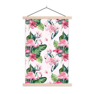 Produktbild von MuchoWow® Textilposter Muster - Flamingo - Rosa 60x90 cm mit holzfarbenen Rahmen - Textil