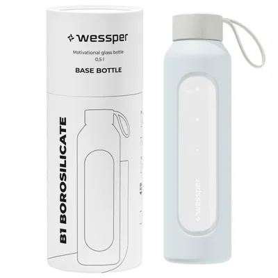 Immagine prodotto di Borraccia in vetro con rivestimento in silicone Wessper – 0,5 L – con indicatori di tempo – Azzurro