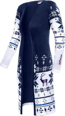 A navy and white patterned cardigan for women.