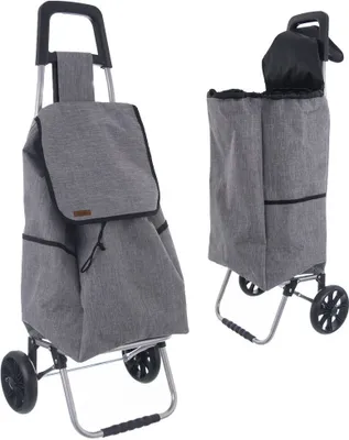 Two views of a gray shopping trolley with black trim and wheels, shown against a white background.