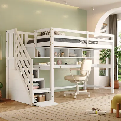 Produktbild von Flieks Etagenbett 90x200cm mit Treppe, Hochbett mit Schreibtisch und Bücherregal, Kinderbett mit Rausfallschutz, Jugendbett mit Lattenrost, Einzelbett