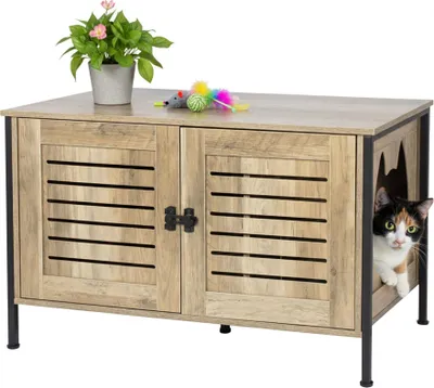 Image de Meuble à litière pour chat avec entrée en forme de tête de chat, effet bois