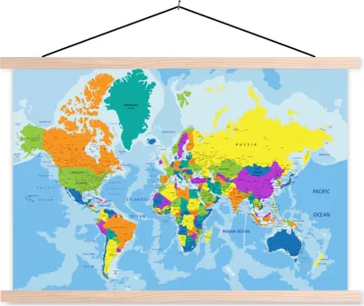 Produktbild von MuchoWow® Textilposter Weltkarte - Farben - Buchstaben - Kinder - Jungen - Mädchen 60x40 cm mit holzfarbenen Rahmen - Bilder