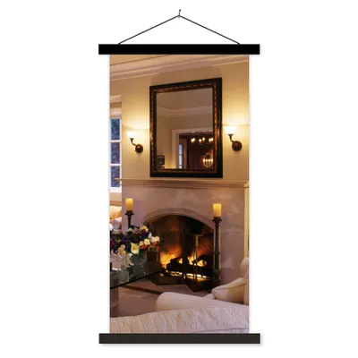 Produktbild von MuchoWow® Textilposter Ein Kamin in einem n Zimmer 40x80 cm mit schwarzem Rahmen - Wandemalerei