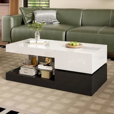Immagine prodotto di MODFU Tavolino da caffè lucido con piano bianco, tavolino da caffè lucido, striscia LED integrata con controllo APP e Bluetooth, bianco e nero