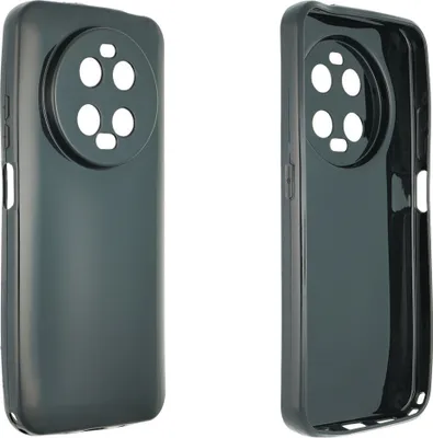 Two views of a transparent phone case with a circular camera cutout.
