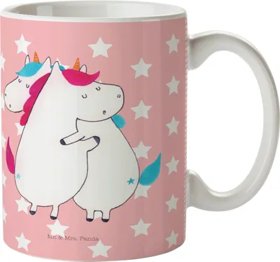 Produktbild von Mr. & Mrs. Panda Camping Tasse Einhörner Umarmen - Rot Pastell - Geschenk, Plastikbecher, Trinklernbecher, Mehrwegbecher, Einhorn, Schulkind, Schwester, Pott, Liebe, Deko