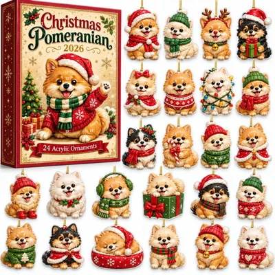 Produktbild von Pomeranian Adventskalender 24 Tage,Weihnachtskalender mit 2D Acryl Christbaumschmuck,Weihnachtsdeko Ornamente für Hundeliebhaber,Kinder