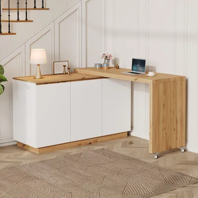Obrázek produktu pro Rohový psací stůl Merax, stůl s otočnou pracovní deskou, kolečky s aretací, design 2 v 1, kancelářský stůl, komoda, pracovní stůl, bílá/dubová barva