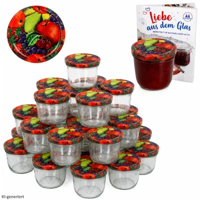 Produktbild von 100er Set Sturzglas 230 ml To 82 Obst Dekor Deckel incl. Diamant-Zucker Gelierzauber Rezeptheft