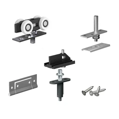 A collection of hardware components for a sliding door system, displayed against a white background.