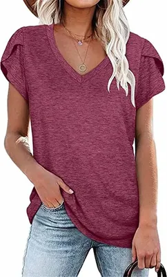 Produktbild von ASKSA Damen V-Ausschnitt Kurzarm T-Shirt Blütenblatt Ärmel Tops Shirts Sommer Casual Tunika Oberteile, Violett, XL