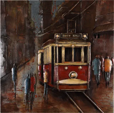 Image de Tableau métallique fait main tramway rouge L=80 xH=80 cmP=6cm