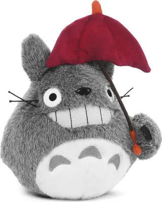 A plush toy of Totoro holding a red umbrella.