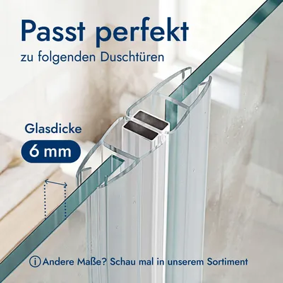 Produktbild von Bagnoxx 2m Duschdichtung, Magnet Dichtung für Duschkabine im Bad, 6mm Glasstärke, 180 Grad, transparent, magnetische Duschtürdichtung für die Glastür der Dusche im Badezimmer