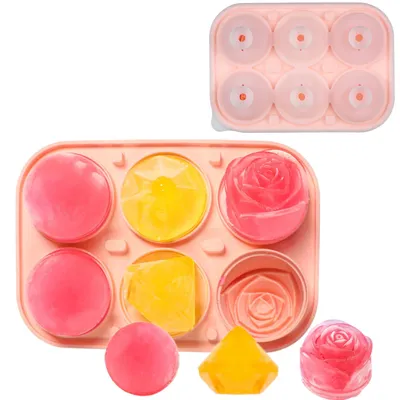 3-in-1 Silikon-Eiswürfelform mit Deckel, Rosen, Diamant & Kugel