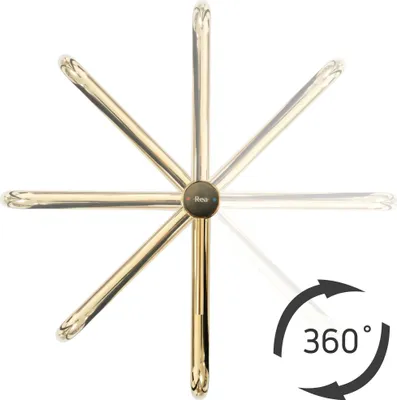 A gold-colored faucet with multiple arms radiating from a central point, shown against a white background. A circular graphic with arrows and the text '360°' is present in the lower right corner.