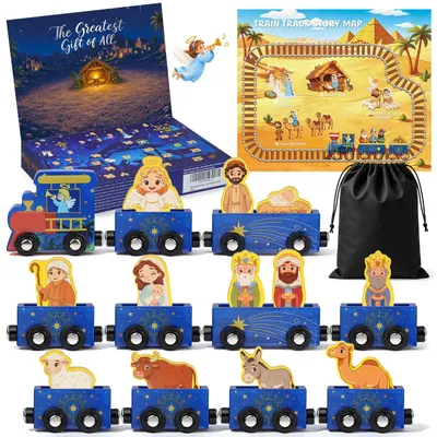 Zdjęcie produktu dla Kalendarz Adwentowy 2026 dla Dzieci Zabawka Montessori z Magnetycznym Drewnianym Pociągiem 24 Okienka i Historia Bożego Narodzenia Nativity Kalendarz