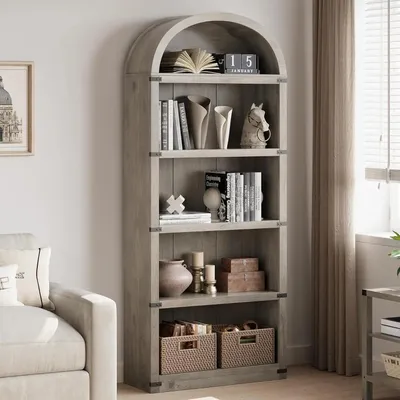 Immagine prodotto di Libreria ad arco - Libreria con ante - 5 ripiani - Altezza 180 cm - Stile Mid-Century Modern - Spazio contenitivo - Rosso