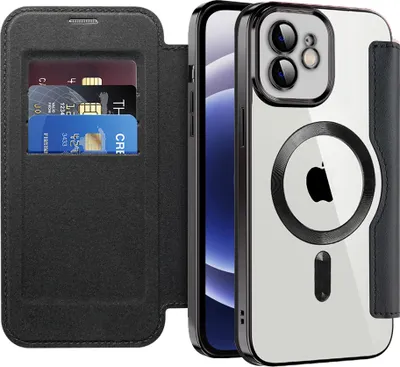 Immagine prodotto di Custodia per iPhone 12 compatibile con MagSafe, custodia trasparente con portacarte, custodia in pelle con protezione per fotocamera nera