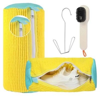 Immagine prodotto di Set da 4 pezzi per la pulizia delle scarpe, ideale per lavatrice: include sacchetti per scarpe (2 pezzi), spazzola in microfibra e supporto per scarpe, colore giallo