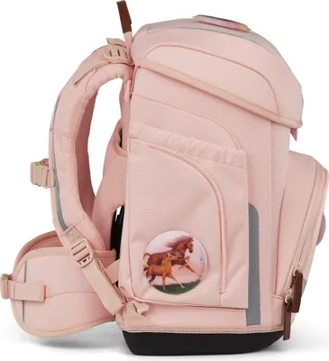 A side view of a pink backpack with horse imagery.