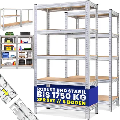 Obrázek produktu pro Regál pro těžké náklady, skladový regál - kovový regál s propojovacími prvky, sada 2 kusů - 180x90x40 cm - 5 polic - 175 kg na polici, celkem 875 kg - stříbrná barva