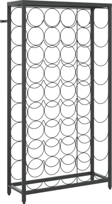 A black metal wine rack with multiple circular holders for bottles.