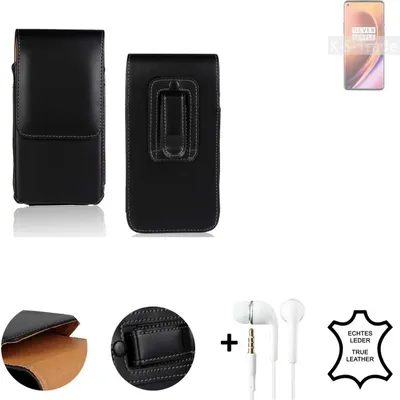 Produktbild von K-S-Trade Leder Gürteltasche + Kopfhörer kompatibel mit OnePlus 8 Pro Seitentasche Belt pouch Holster Handyhülle Schutz Hülle Etui schwarz 1x