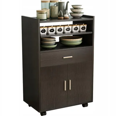 A dark brown kitchen cart with shelves, a drawer, and cabinet doors, filled with various kitchenware.