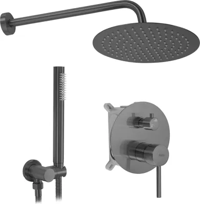 A set of bathroom shower fixtures including a showerhead, handheld shower, and a concealed shower valve.