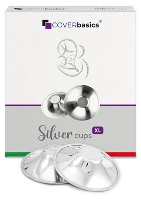 Productafbeelding van COVERbasics Silberhütchen voor het geven van borstvoeding (SilverCups): Zilveren beschermhoezen voor de borst, geschikt voor gevoelige tepels. Medisch product, getest (XL)