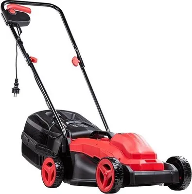 A red and black electric lawnmower is shown against a white background.