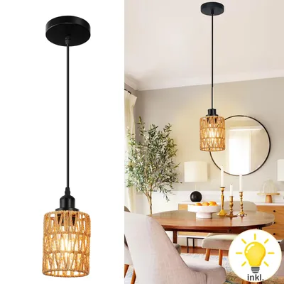 Produktbild von Pendelleuchte Rattan Esstisch,Hängelampe Deckenleuchte Boho mit Birne,Deckenlampe E27 Höhenvestellbar Wohnzimmer Schlafzimmer Esszimmer