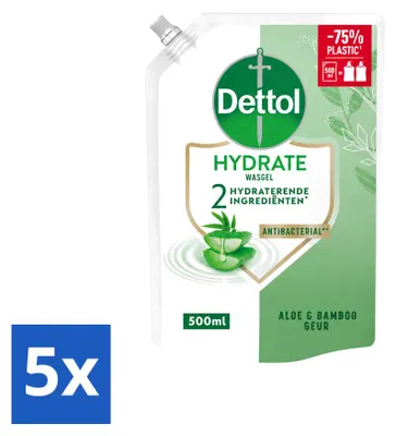 Imagen del producto de 5 unidades de recambios de jabón líquido para manos Dettol, fórmula hidratante, con aloe vera y bambú, 500 ml cada uno. Paquete económico