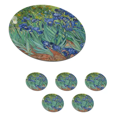 Obrázok produktu pre MuchoWow® Okrúhly sklenený podšálok, sada 6 ks Kosatce - obraz, Vincent van Gogh 10x10x0.3cm Podložky pod poháre - podložky pod nápoje - ochrana