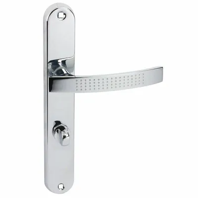 Produktbild von Domino Türdrücker-Garnitur TOPAZ Langschild – Bad/WC Verriegelung – Chrom Glänzend – Moderne Türklinke für Badezimmertüren